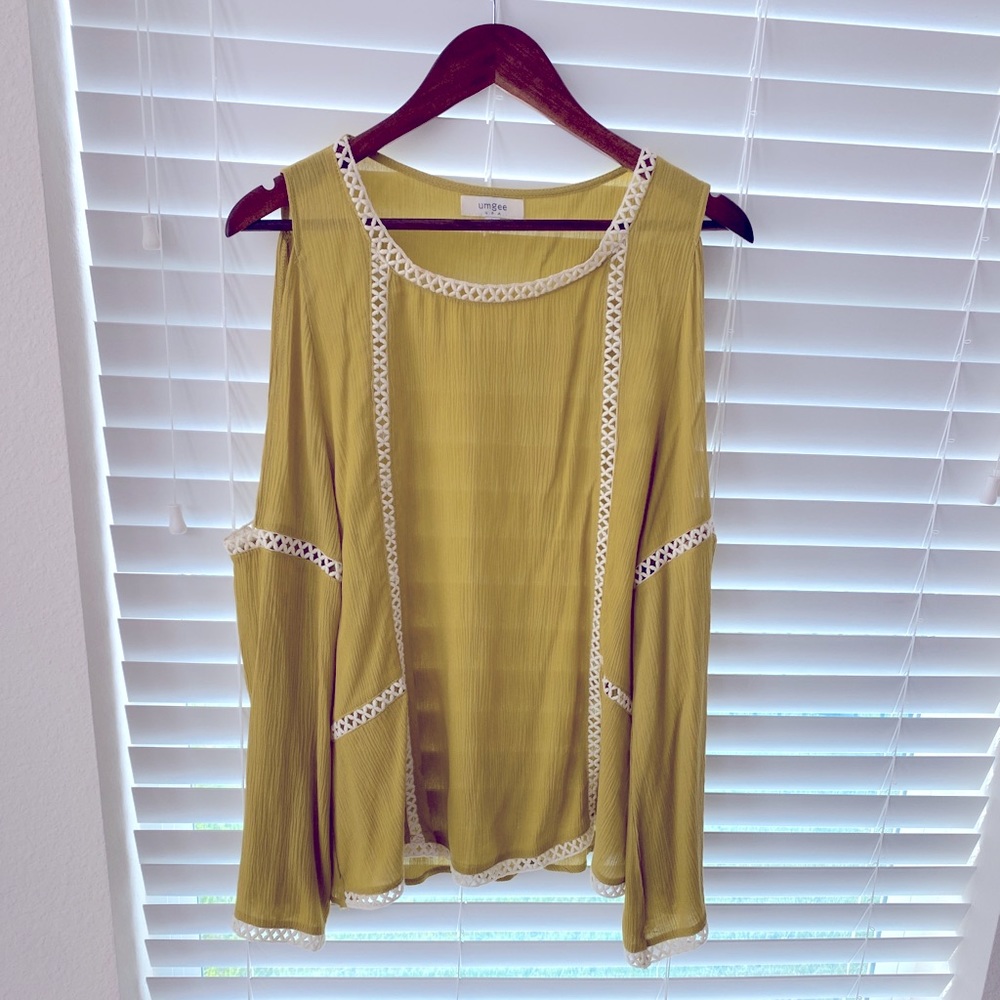Lemon lime cold shoulder top with cream embroidered detail very fall like